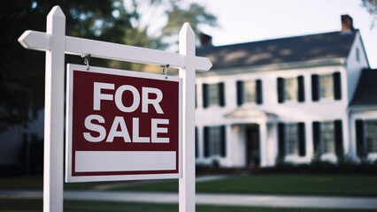 Real Estate "For Sale" Sign in Front of Charming Suburban House with Blurred Background, Highlighting the Appeal of Home Ownership and Property Investment Opportunities