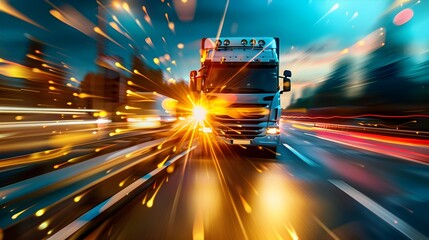 Fast Truck On Highway At Night With Light Trails.