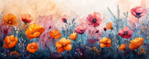 Watercolor abstract vibrant garden with blooming flowers.