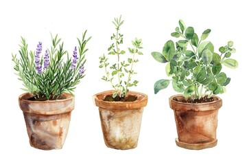 Fototapeta premium Rustic Kitchen Herbs. Watercolor Illustration of Freshly Grown Herbs in Potted Plants