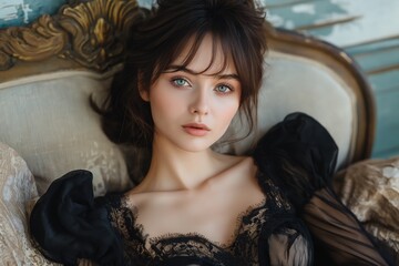 fashion portrait woman wearing black gown sitting on luxury vintage chair