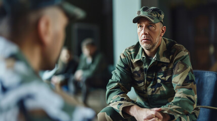 Obraz premium Concept Post traumatic stress disorder. Session psychology after war. Soldier talking to people from support group.