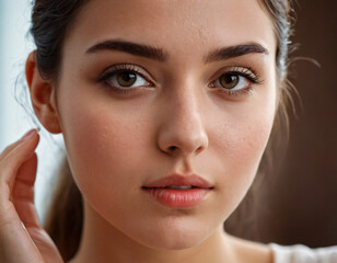 Fototapeta premium A beautiful girl taking care of her skin washing face with facewash