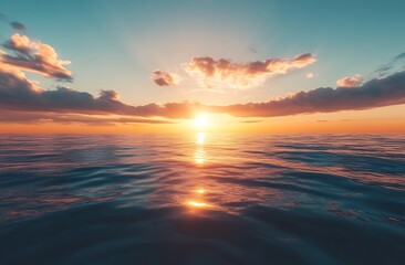 Obraz premium A serene seascape with a vivid sunset casting warm hues on the water.