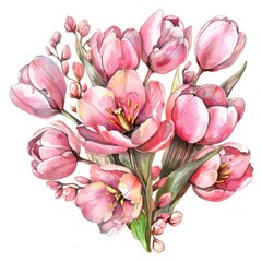 Obraz premium Spring Blossom Bouquet: Hand-drawn Watercolor Tulips and Cherry Blossoms Greeting Card