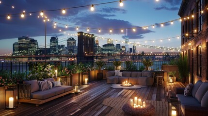 Fototapeta premium Dine on a Rooftop Under String Lights at Dusk This charming rooftop restaurant comes alive at dusk, with twinkling string lights overhead and tables set for a romantic dinner with panoramic city views