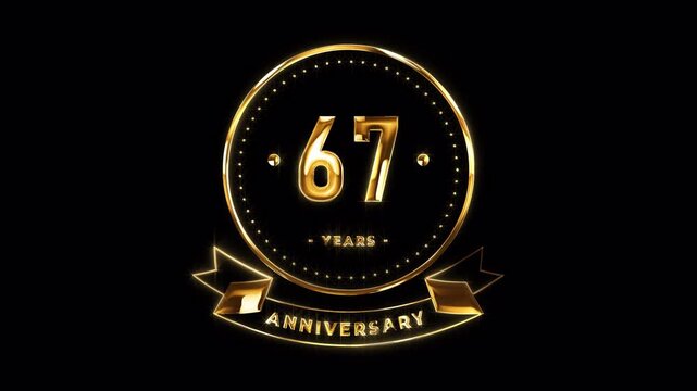67th Anniversary Celebration. Happy 67 Years Anniversary Animation in Gold Color on the Transparent Background, Alpha Channel. Great for greetings, celebrations, events, and gifts.