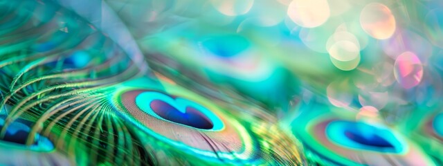  A close-up of a peacock's feathers with light bokeh reflecting on them