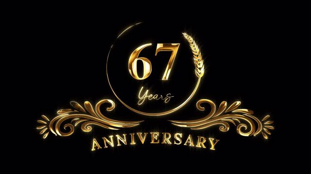 67th Anniversary Celebration. Happy 67 Years Anniversary Animation in Gold Color on the Transparent Background, Alpha Channel. Great for greetings, celebrations, events, and gifts.