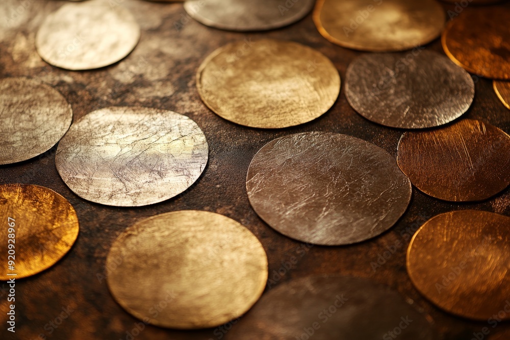 Poster circular patterns of gold and silver blend seamlessly, creating an elegant display on a textured sur