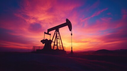 Naklejka premium Oil pump silhouette with a vibrant sunset sky in the background, illustrating the intersection of industry and nature.