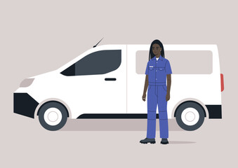 A worker in a blue jumpsuit stands confidently beside a white utility van, ready for a day of work in a modern setting