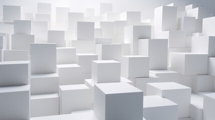 Obraz premium Cube background. Vast array of white cubes of different sizes, arranged in a random pattern. Minimalist color scheme and geometric pattern.