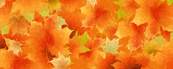 Autumn abstract banner with bright beautiful maple leaves. Fall art background, poster, cover or flyer design. Vector template for advertising, print, packaging, social media
