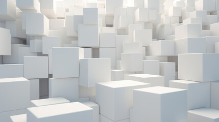 Cube background. Vast array of white cubes of different sizes, arranged in a random pattern. Minimalist color scheme and geometric pattern.