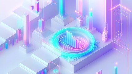 Minimalist isometric illustration of icons with bar charts and pie charts floating on white ladder, with blue and purple highlights on chart icons, financial information