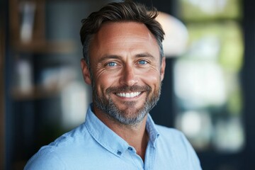 Obraz premium A joyful man with sparkling blue eyes and a trimmed beard smiles while wearing a light blue shirt in a well-lit indoor environment, radiating positivity