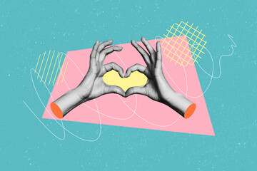 Creative collage 3d hands body fragments heart shaped figure gesture arms love valentine day affection romantic feelings