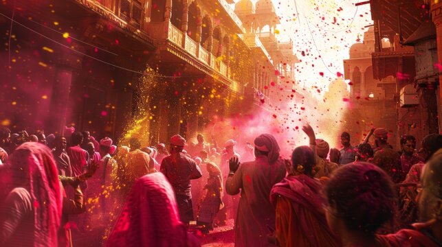 A group of people are gathered in a street, with a lot of pink and yellow colors