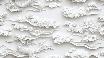 Relief artwork depicts dragons and phoenixes with intricate details surrounded by auspicious clouds on a subtle light gray wall SEAMLESS PATTERN