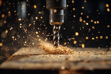 A steel drill is boring into a wooden board, creating shavings that scatter in the air, highlighting the precise craftsmanship in an industrial workshop