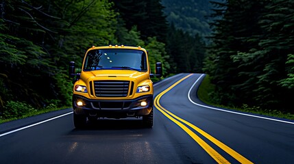 A bus winding its way through scenic landscapes on the way to school. 