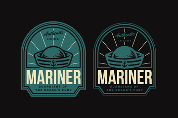 Marine hat badge logo graphic for navy shipping company brand identity. Sailor cap or hat emblem logo collection for nautical wanderlust and adventure. Navy ship hat retro badge logo