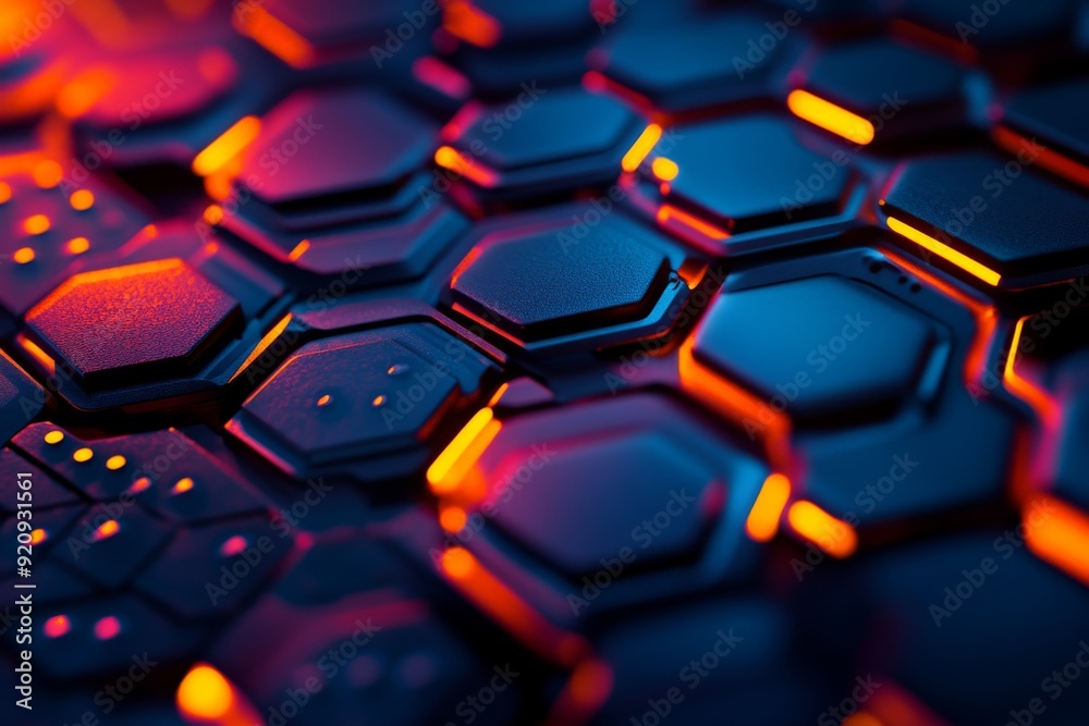 Poster dark hexagons form an abstract pattern, enhanced by vibrant lighting, creating a striking visual eff