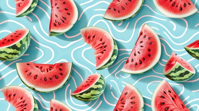 Seamless pattern of floating watermelon slices on a light blue background. Ideal for refreshing, summery, and vibrant designs. - Powered by Adobe