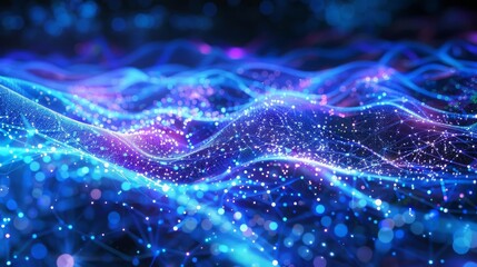 Big data and cybersecurity  Stream of light and particles in vibrant blue and purple hues