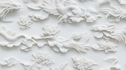 Relief artwork depicts dragons and phoenixes with intricate details surrounded by auspicious clouds on a subtle light gray wall SEAMLESS PATTERN