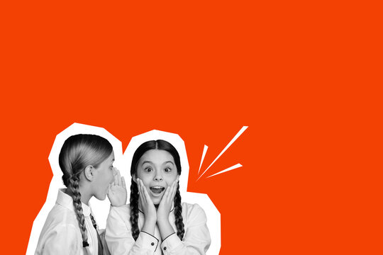 Composite photo collage of two happy amazed school classmates friends girls talk ear gossip news fall season isolated on painted background