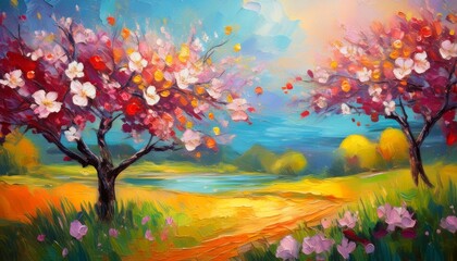 A painting of a blossoming apple tree in spring