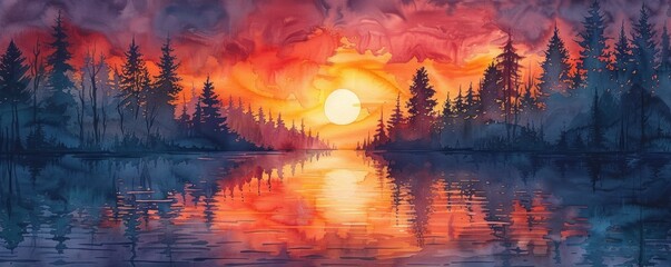 Watercolor abstract sunset over a serene pond.