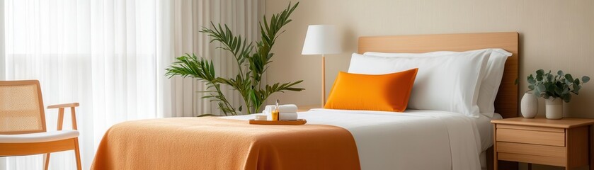 A bright and inviting bedroom with a cozy bed, natural light, and stylish decor featuring orange accents for a modern feel.