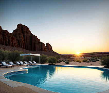 A large pool with a white canopy and a mountain in the background - Powered by Adobe