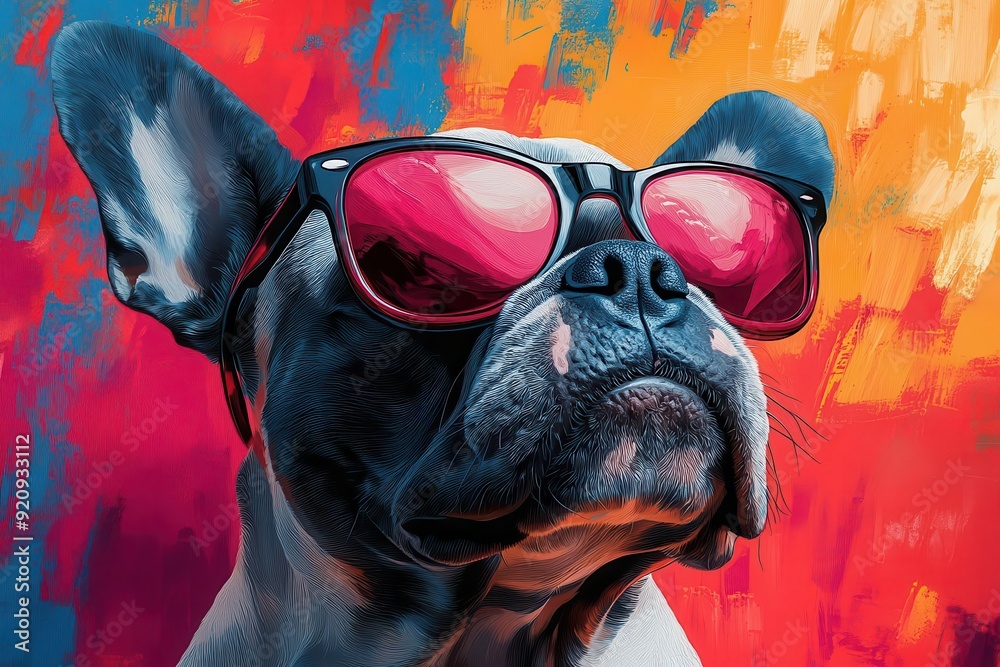 Wall mural pop artinspired bulldog wearing neon sunglasses set against vibrant geometric background