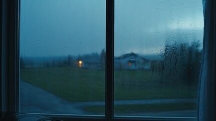 A blurry view of a house with lights on, through a rain-streaked window.