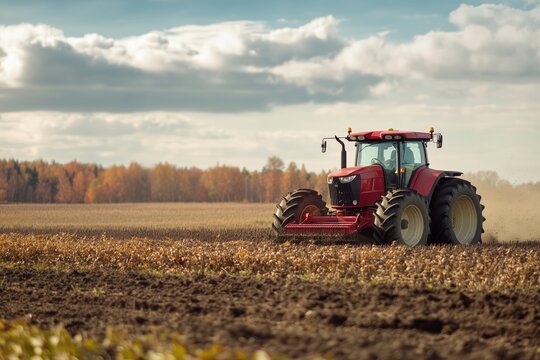 Red tractor tilling soil in a large field during autumn with colorful trees in the background