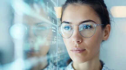 Digital Finance Revolution: Woman Analyzing Holographic Tax Deductions in Minimalist Office Setting