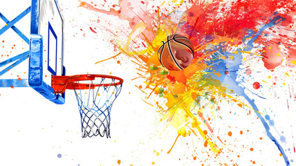 a basketball hoop with a ball and colorful paint splashes on a white background