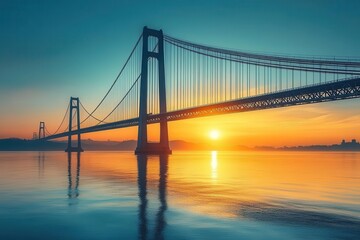 Obraz premium towering suspension bridge arching over calm waters dramatic lowangle perspective sunkissed steel cables against azure sky golden hour glow