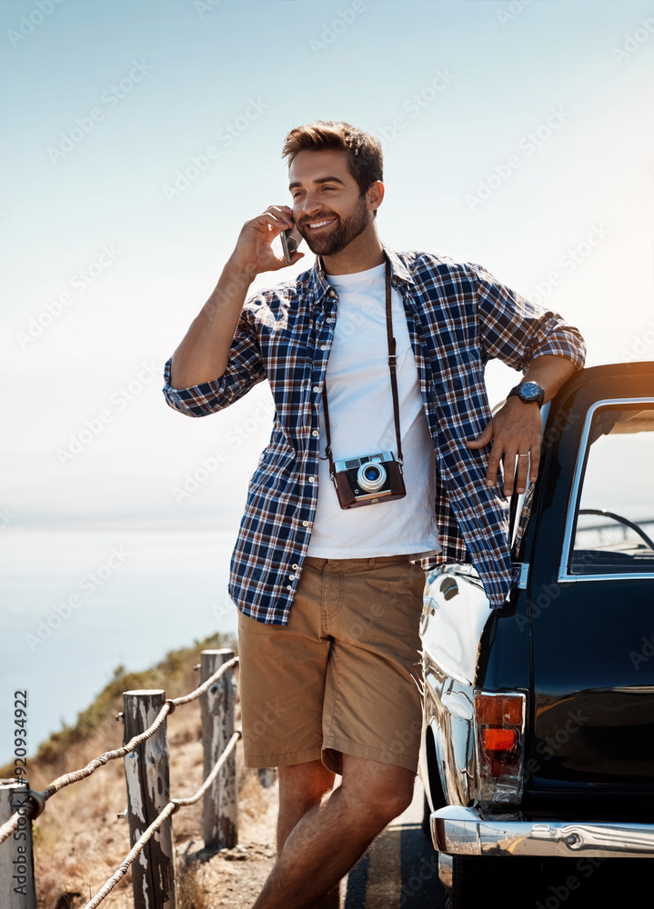 Poster Man, road trip and phone call with smartphone by car for navigation update and conversation for route or directions. Person, happy and camera for travel documentation, adventure and talking with view