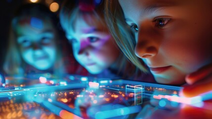 "Group of students using holographic tablets in an advanced classroom setting 