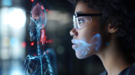  "Student using holographic display to learn anatomy in a high-tech classroom 