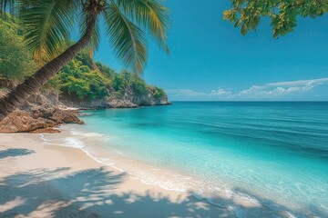 tropical paradise beach scene swaying palm trees framing pristine white sand crystalclear turquoise ocean idyllic vacation atmosphere