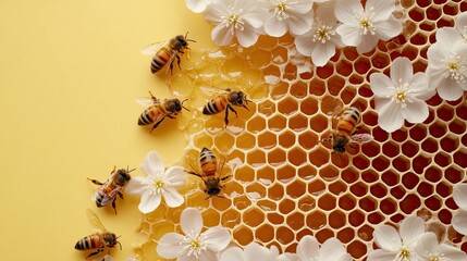 Honey drips down the honeycomb as bees buzz around white flowers set against a vibrant yellow background, showcasing nature’s bountiful food source
