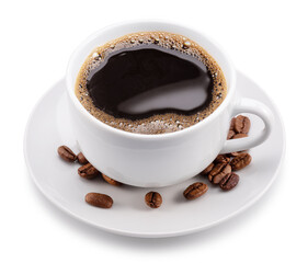 Cup of coffee and coffee beans isolated on white background. File contains clipping path.