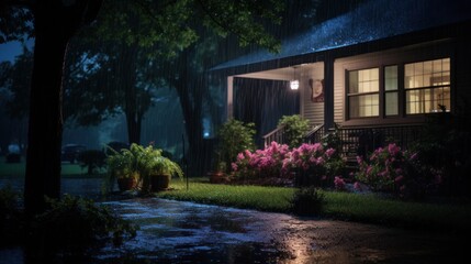 Fototapeta premium A house with a porch and a light on, it is raining outside and there is a puddle in the front yard.