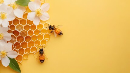 Honey drips down the honeycomb as bees buzz around white flowers set against a vibrant yellow background, showcasing nature’s bountiful food source